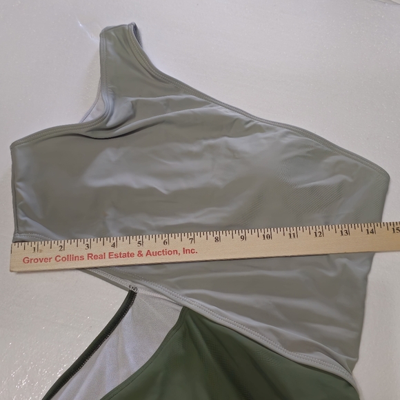 Womens Medium Cutout Asymmetrical One-Shoulder Swimsuit Green - Picture 4 of 5